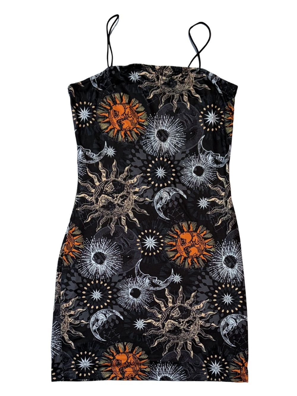 SHEIN Black Mini Dress with Orange & White Celestial Print